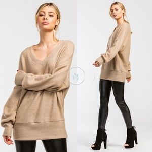 Latte Brushed Knit V-Neck Top Size Medium in Khaki